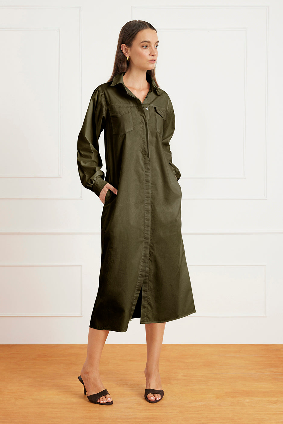 Janey Shirt Dress in Olive Green