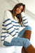 White/Blue Striped Long Sleeve Women's Cotton Sweater Tunic from Paneros Clothing with 100% certified sustainable natural Cotton & side slits. Front View.