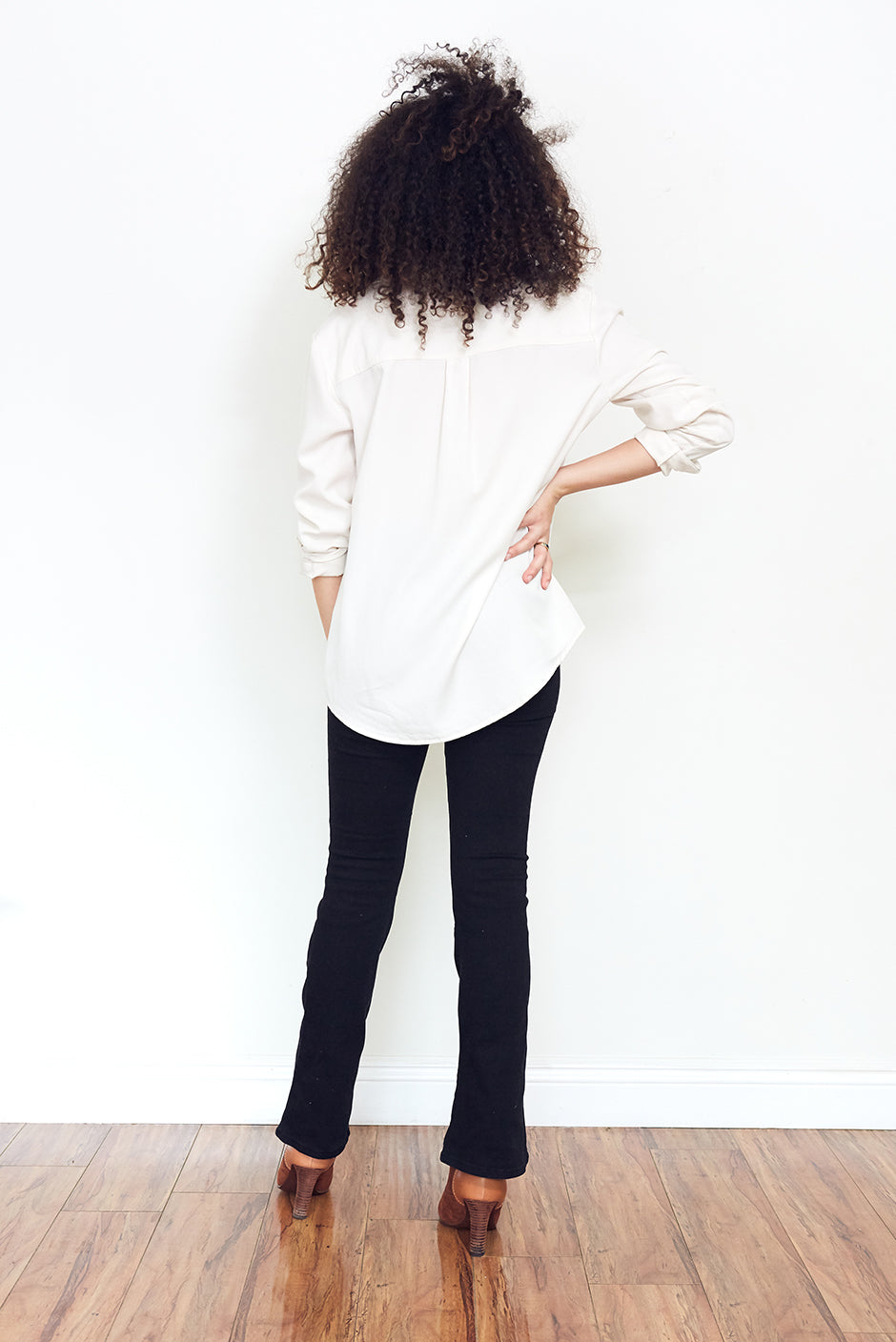 Kyle Shirt in Coconut Milk for women by Paneros Clothing. Made from Tencel. Back View.