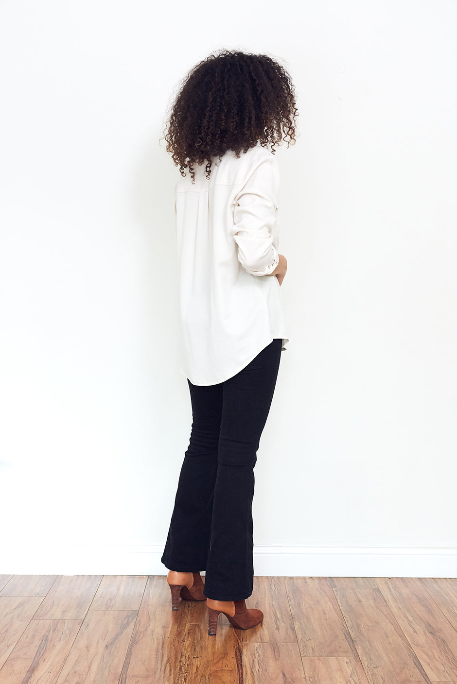 Kyle Shirt in Coconut Milk for women by Paneros Clothing. Made from Tencel. Side View.