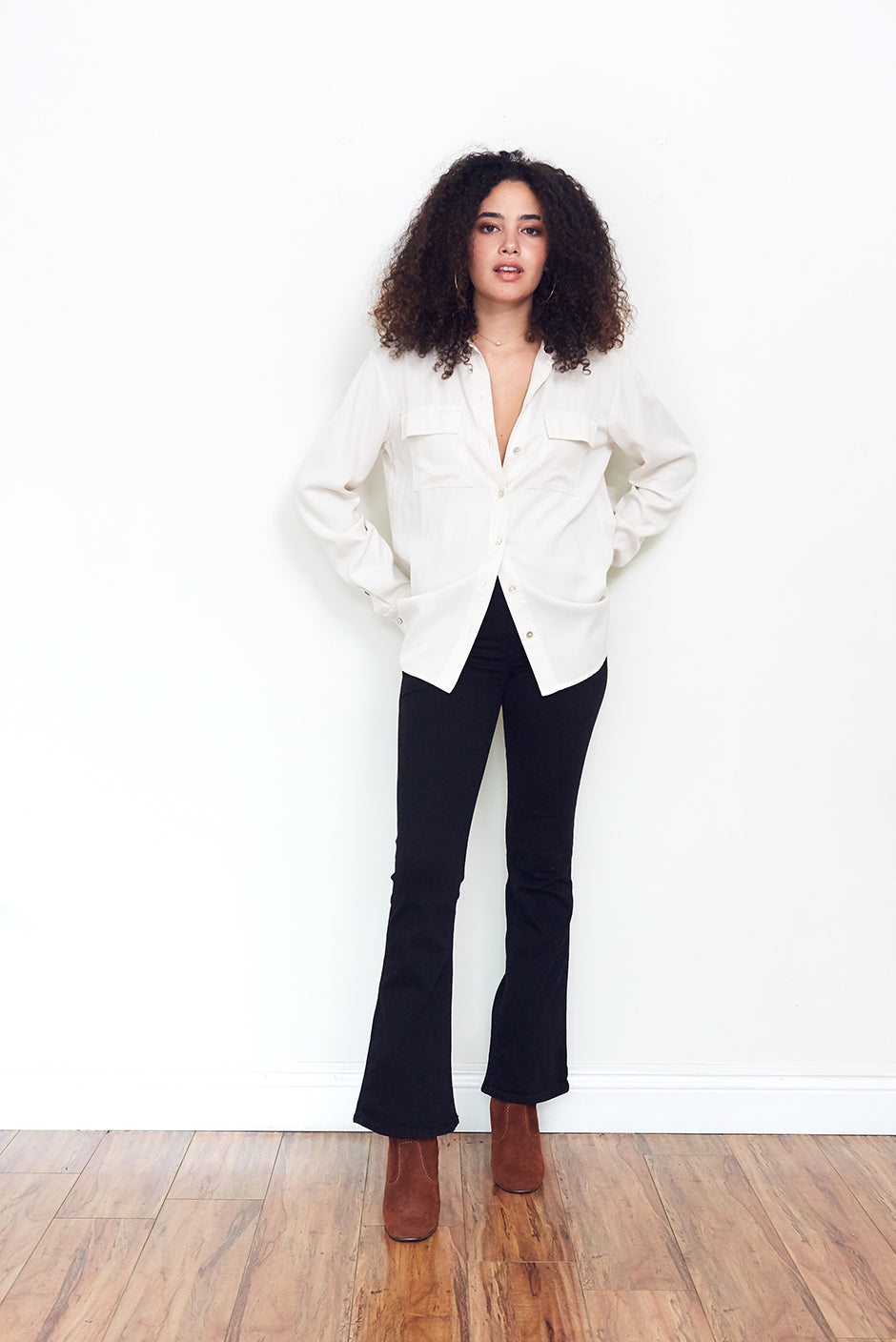 Kyle Shirt in Coconut Milk for women by Paneros Clothing. Made from Tencel. Front View.