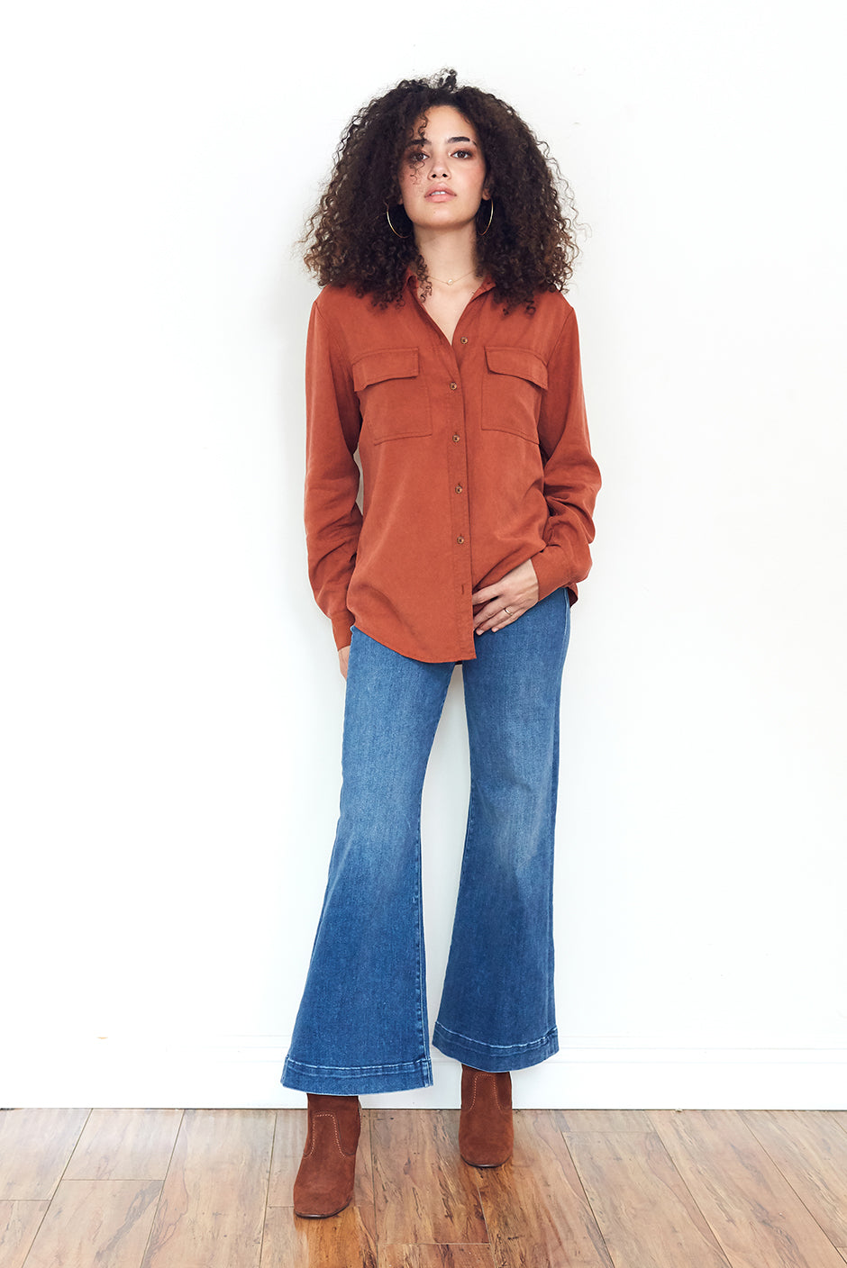 Kyle Shirt in Dark Spice for women by Paneros Clothing. Made from Tencel. Front View.