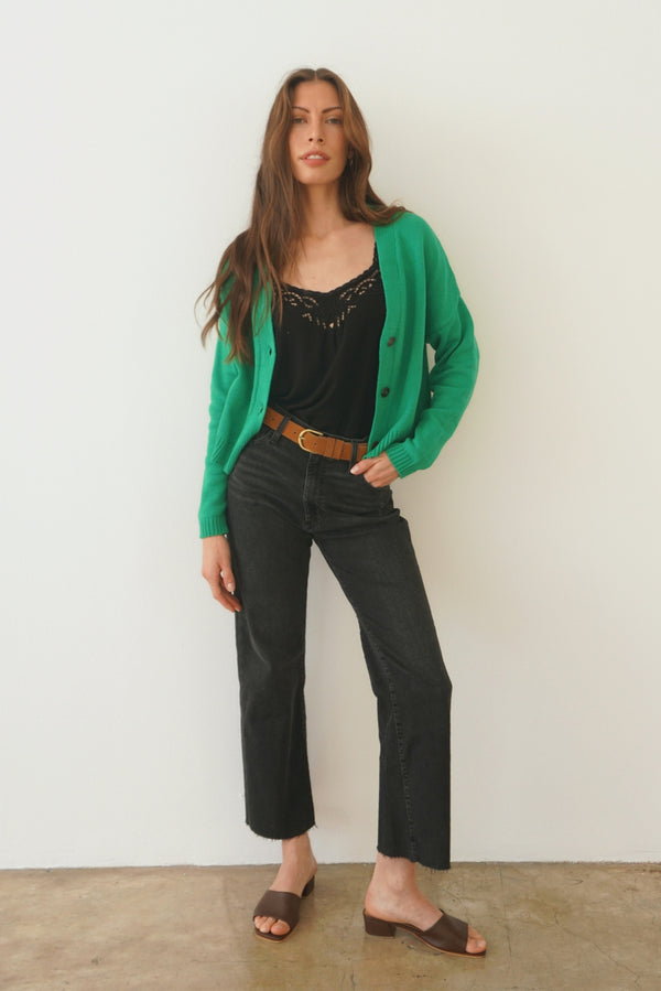 Luxury Handknit Cotton Cropped Women's Cardigan in Emerald Green - Main Image