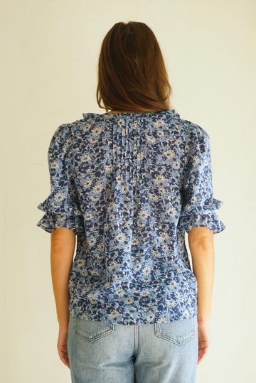 Shop Sustainable Women's Cotton Blouse in Blue Floral Print | the 