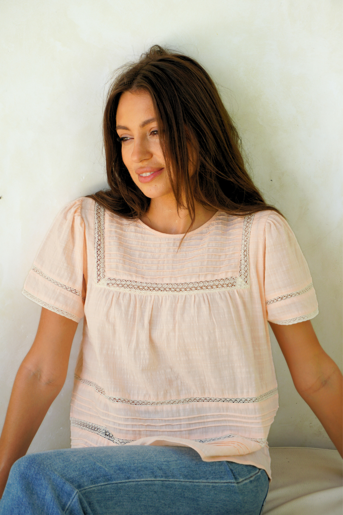 Peachy Pink Dawn Tee Shirt for women by Paneros Clothing. Handmade from soft cotton voile with pin tucks and lace trim details. Front View.