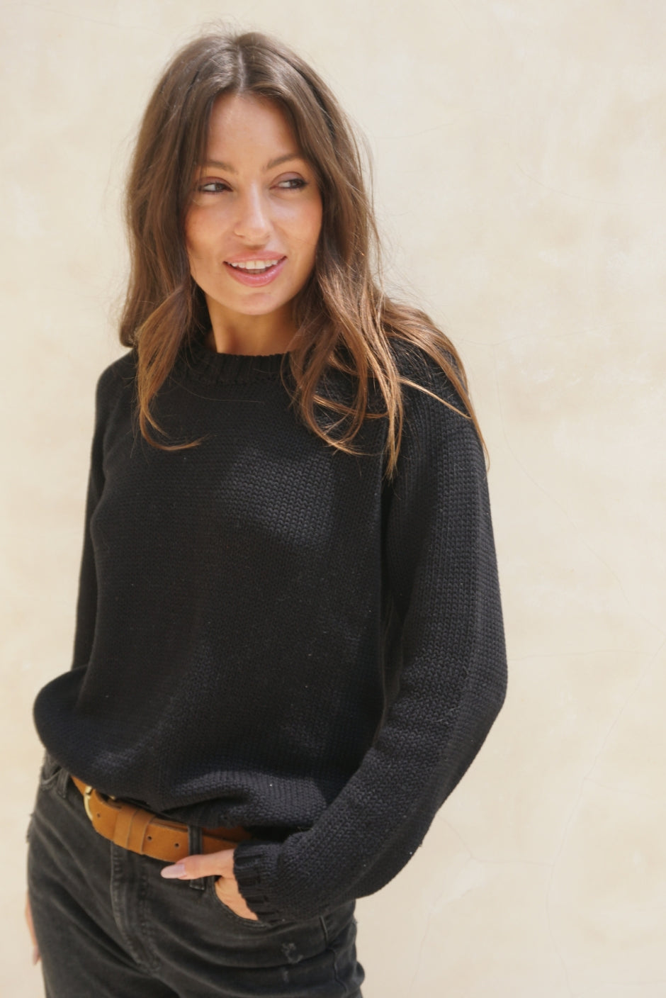 Luxury Handknit Cotton Women's Crewneck Sweater in Black | the