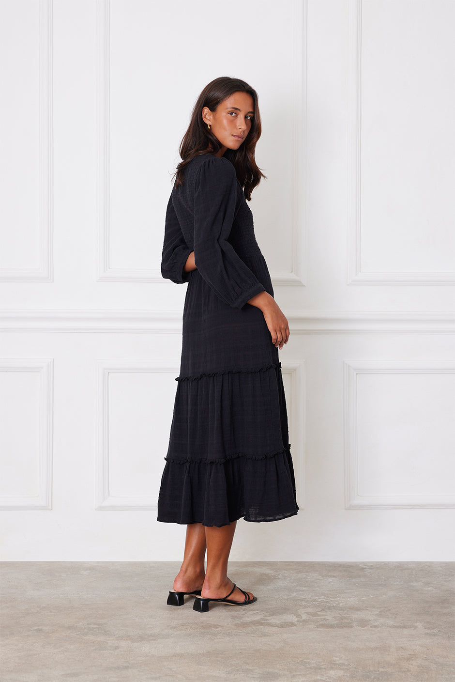 Sustainable & Luxury Midi Dress in Black Cotton Dobby: The Stella
