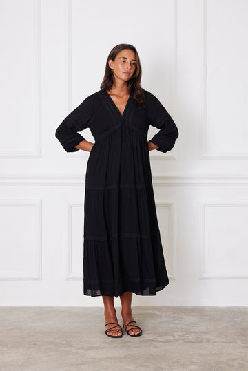 Paneros Clothing Women's Lace Magnolia Midi Dress in Black - Black Paneros Clothing Women's Lace Magnolia Midi Dress in Black - Black