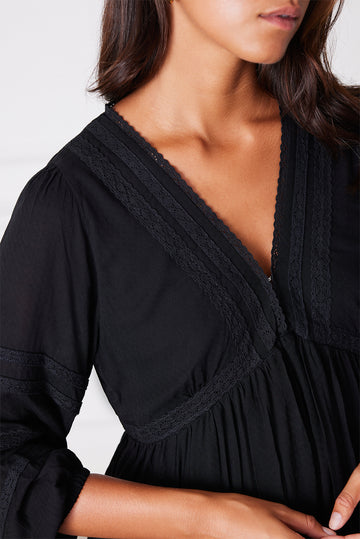 Sustainable & Luxurious Tiered Midi Dress in Black Lace: the Magnolia - Paneros Clothing Sustainable & Luxurious Tiered Midi Dress in Black Lace: the Magnolia - Paneros Clothing