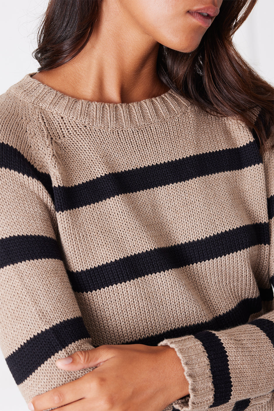 Luxury Handknit Cotton Women's Crewneck Sweater in Mocha/ Black