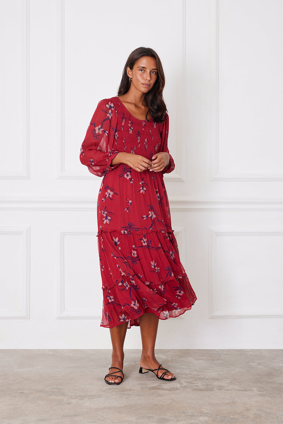 Stella Midi Dress in Cranberry Floral