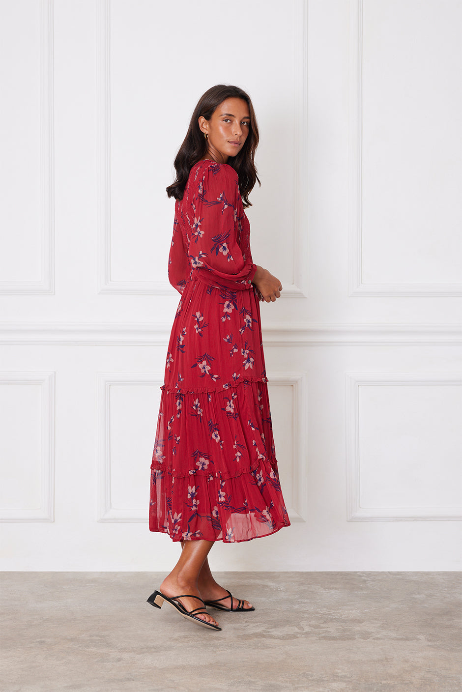 Paneros Clothing | Sustainable Cranberry Floral Print Midi Dress | Red/White, 3/4 Sleeve, Lined, Smocked | the Stella Midi, L Paneros Clothing | Sustainable Cranberry Floral Print Midi Dress | Red/White, 3/4 Sleeve, Lined, Smocked | the Stella Midi, L