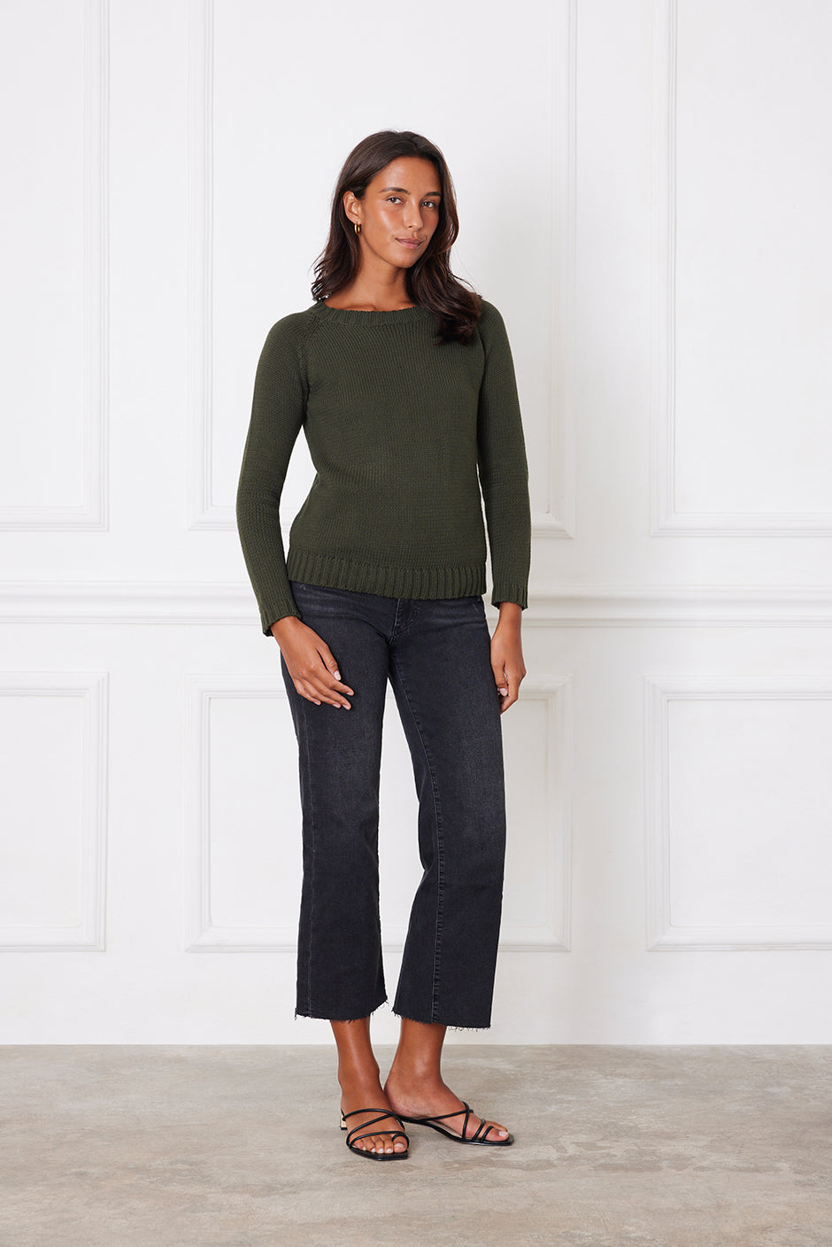 Luxury Handknit Cotton Women's Crewneck Sweater in Forest Green