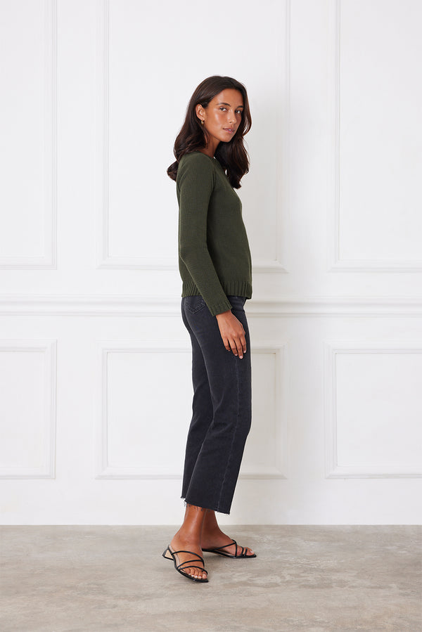 Luxury Handknit Cotton Women's Crewneck Sweater in Forest Green