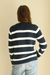 White and Navy Blue Striped sustainable cotton handknitted Sloane Crewneck by Paneros Clothing. Relaxed-fit hip-length crewneck sweater with long sleeves and ribbing details. Back View.