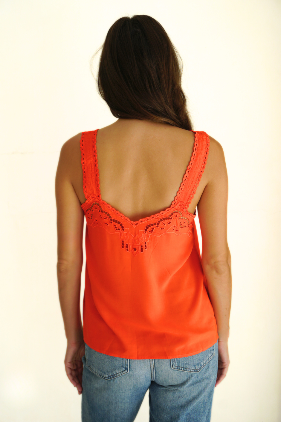 Bright Orange Iris Camisole Tank-Top for Women with Embroidery detail and wide straps from Paneros Clothing. Back View.