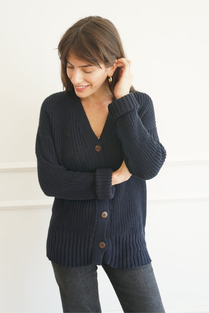 Luxury Handknit Cotton Women's Cardigan in Navy | the Emily