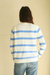 Baby Blue and White Striped sustainable cotton handknitted Sloane Crewneck by Paneros Clothing. Relaxed-fit hip-length crewneck sweater with long sleeves and ribbing details. Back View.