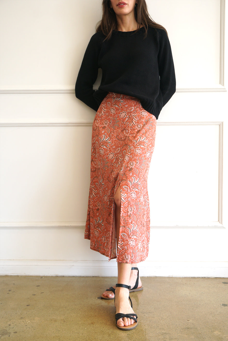 Sustainable & Ethical Rust Paisley Print A-line Midi Skirt: the