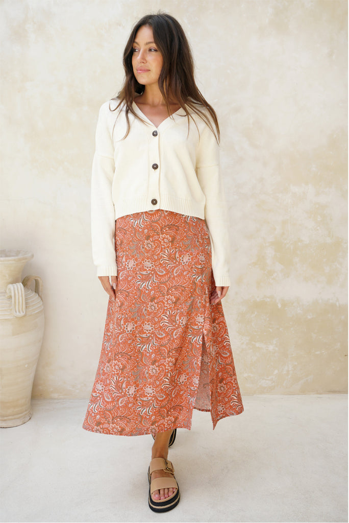 Sustainable & Ethical Rust Paisley Print A-line Midi Skirt: the Avery