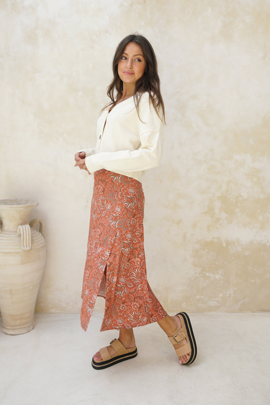 Sustainable & Ethical Rust Paisley Print A-line Midi Skirt: the