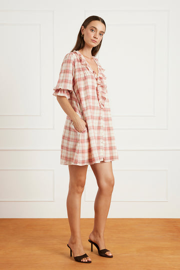 Paneros Clothing | Sustainable Red Plaid A-Line Mini Dress | Women's Cotton Dress ft. Ruffles and V-Neck