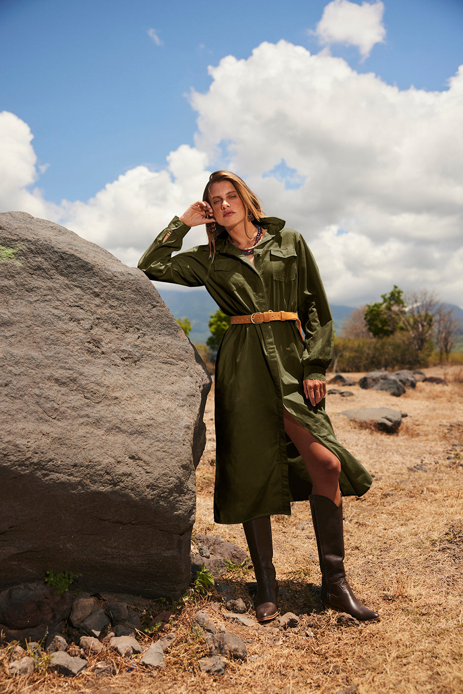 Janey Shirt Dress in Olive Green