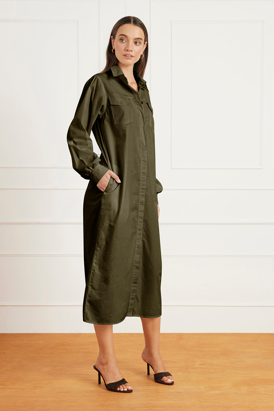 Janey Shirt Dress in Olive Green