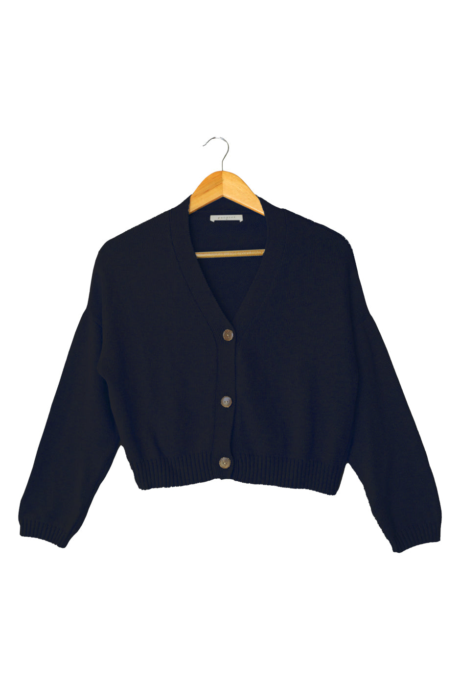 Dark Navy Blue sustainable cropped-length Cotton Diana Cardigan from Paneros Clothing with real coconut shell button-up front, Full sleeves, and feminine handknittting. Front View buttoned.