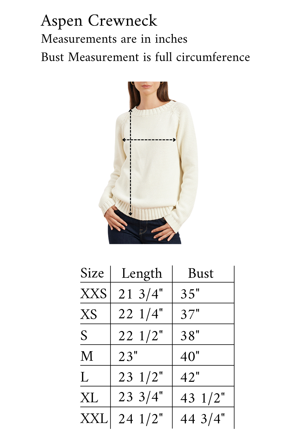 Measurement chart for a white sweater labeled 'Aspen Crewneck' with a person wearing the sweater.