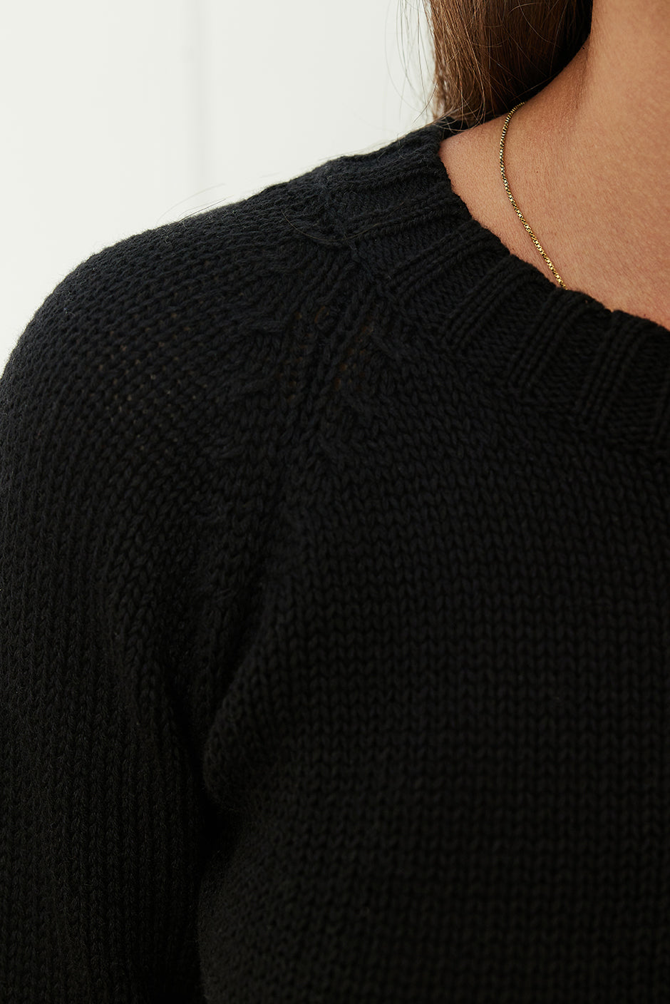 Luxury Handknit Cotton Women's Crewneck Sweater in Black | the