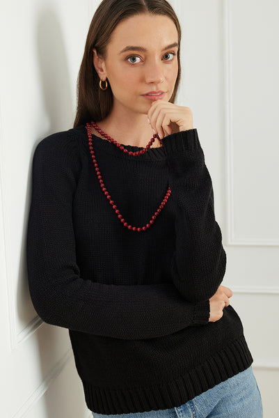 Luxury Handknit Cotton Women's Crewneck Sweater in Black | the