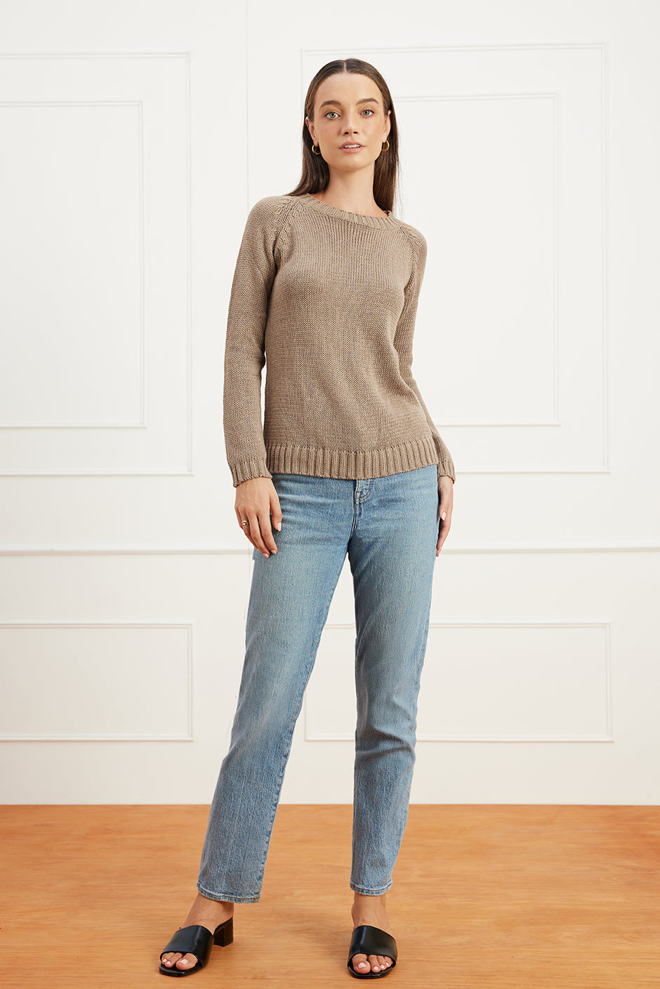 Luxury Handknit Cotton Women's Crewneck Sweater in Mocha | the