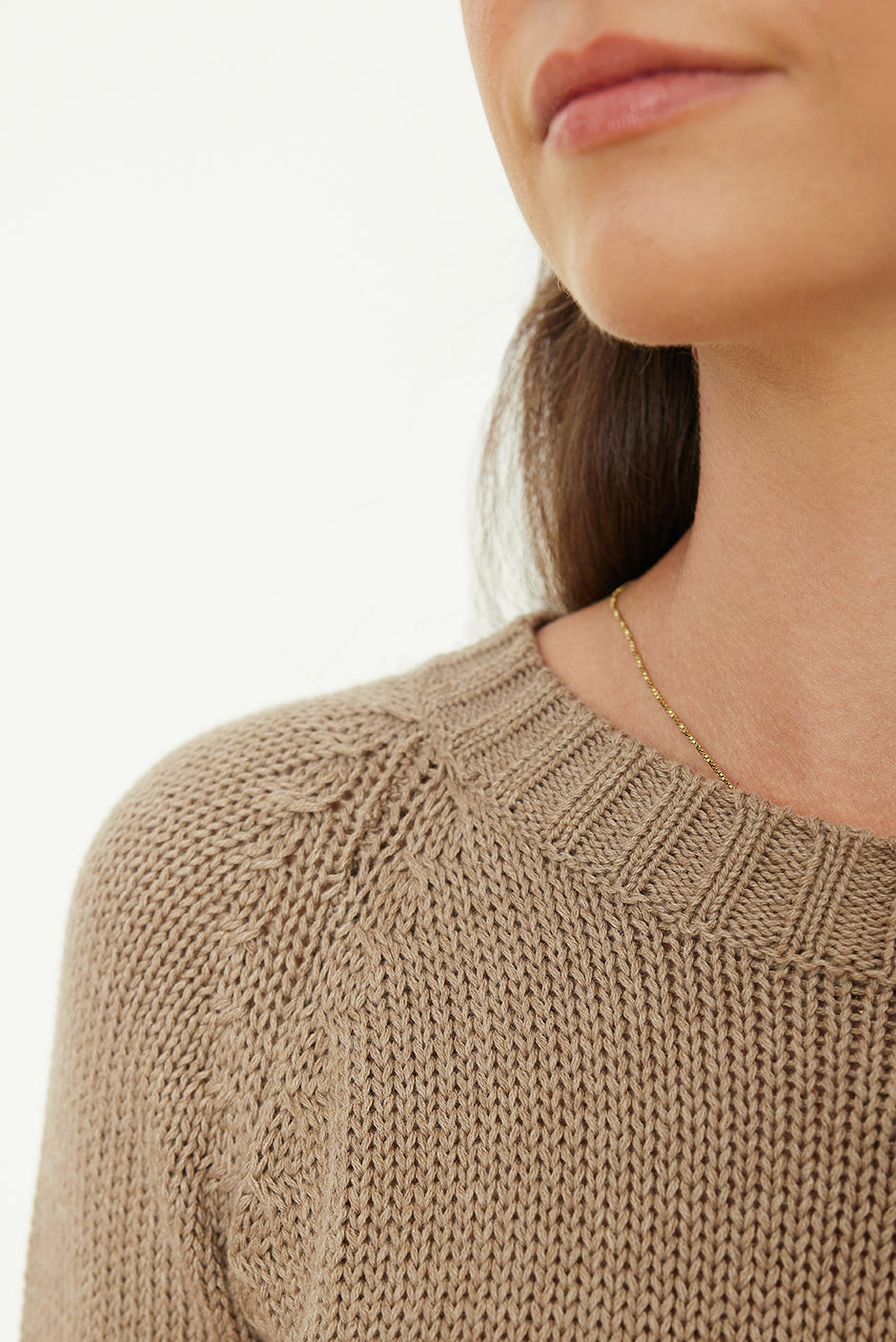 Luxury Handknit Cotton Women's Crewneck Sweater in Mocha | the
