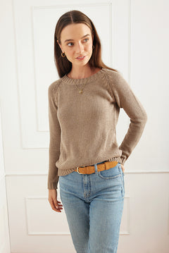 Luxury Handknit Cotton Women's Crewneck Sweater in Mocha | the