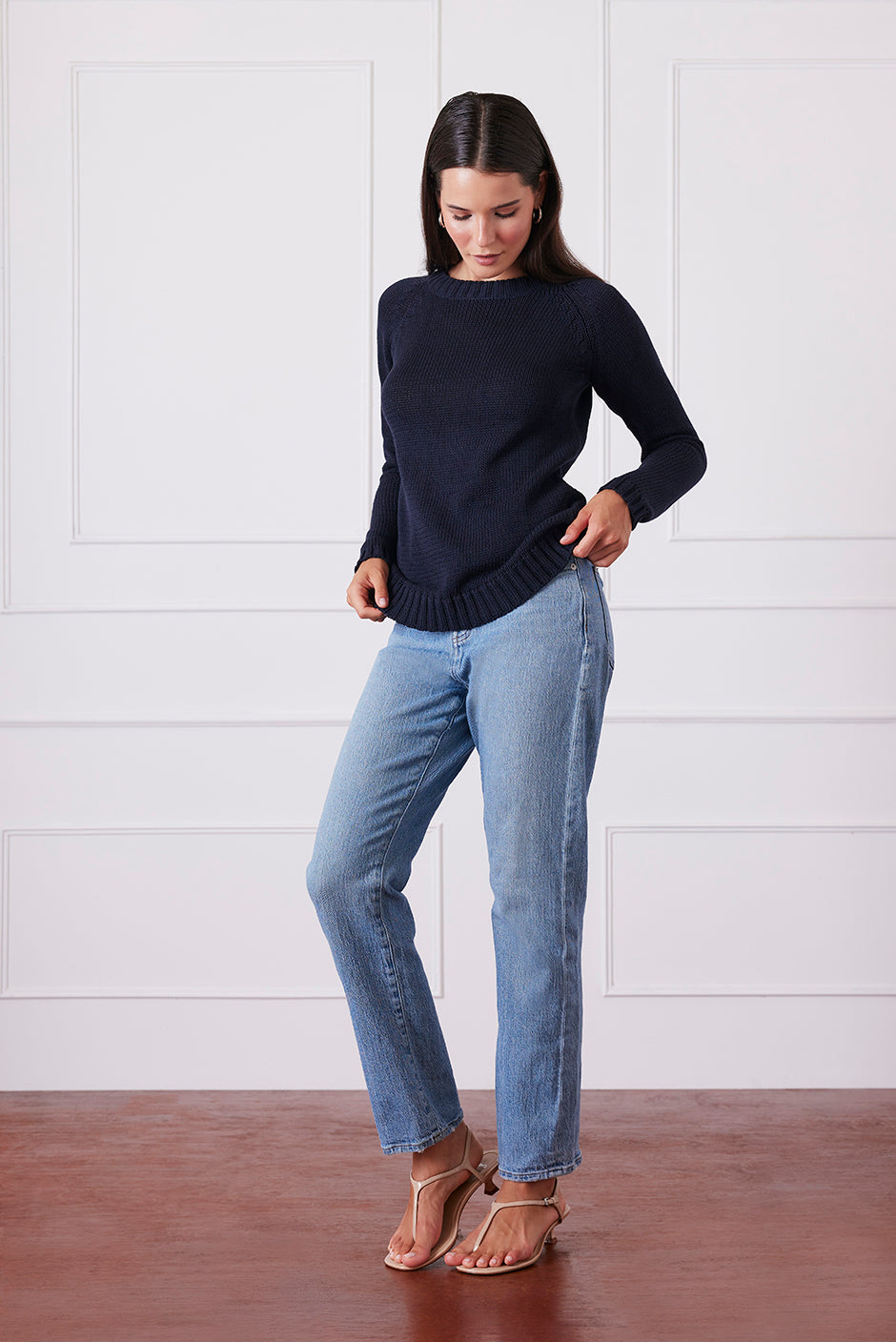 Luxury Handknit Cotton Women's Crewneck Sweater in Navy | the