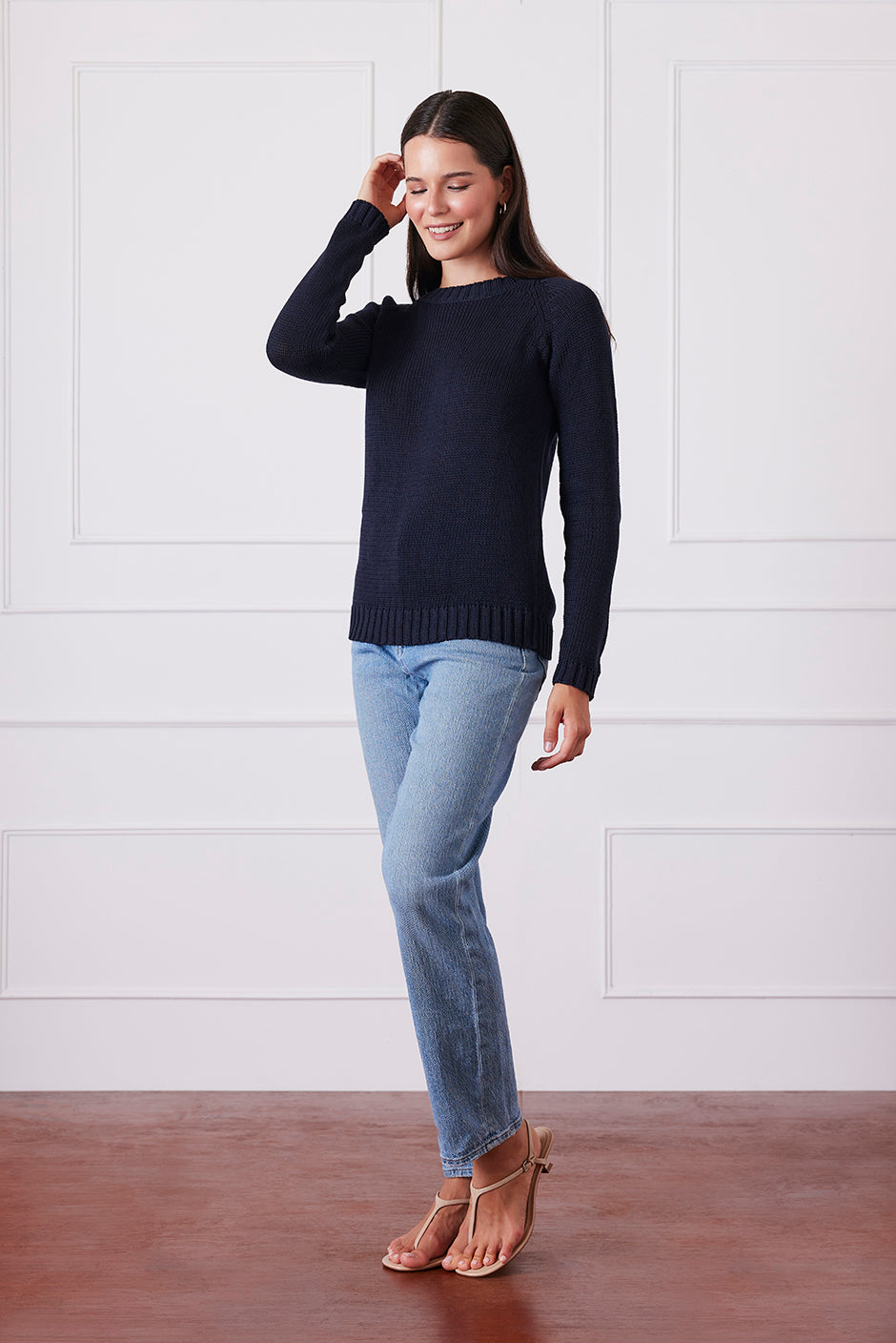Luxury Handknit Cotton Women's Crewneck Sweater in Navy | the