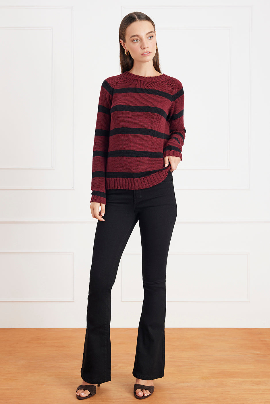 Stripe Sloane Crewneck in Burgundy