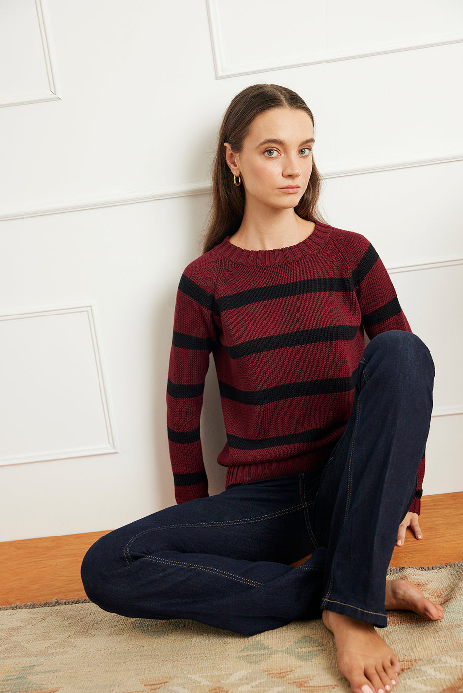 Stripe Sloane Crewneck in Burgundy
