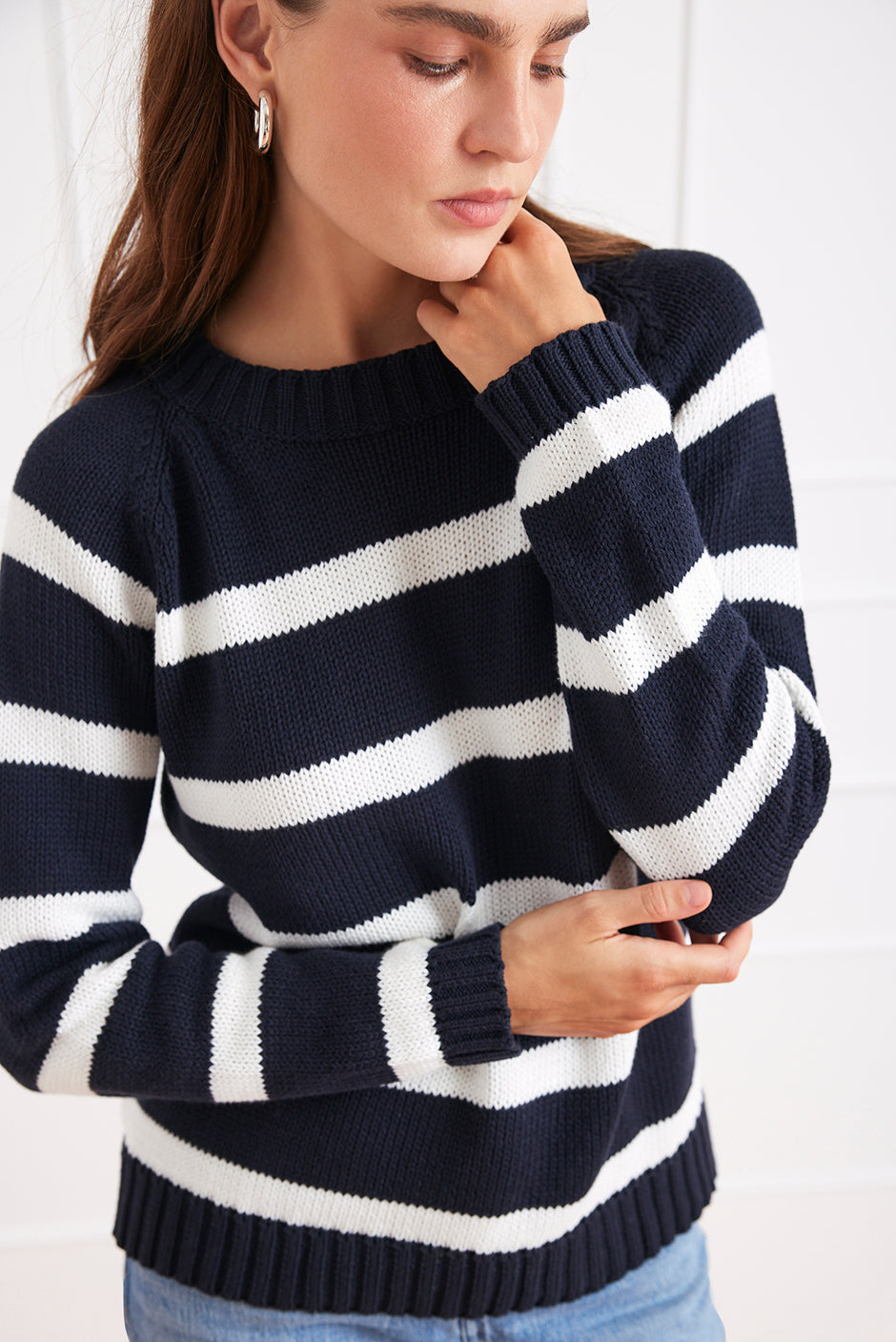 Luxury Handknit Cotton Women's Crewneck Sweater in Navy/ White