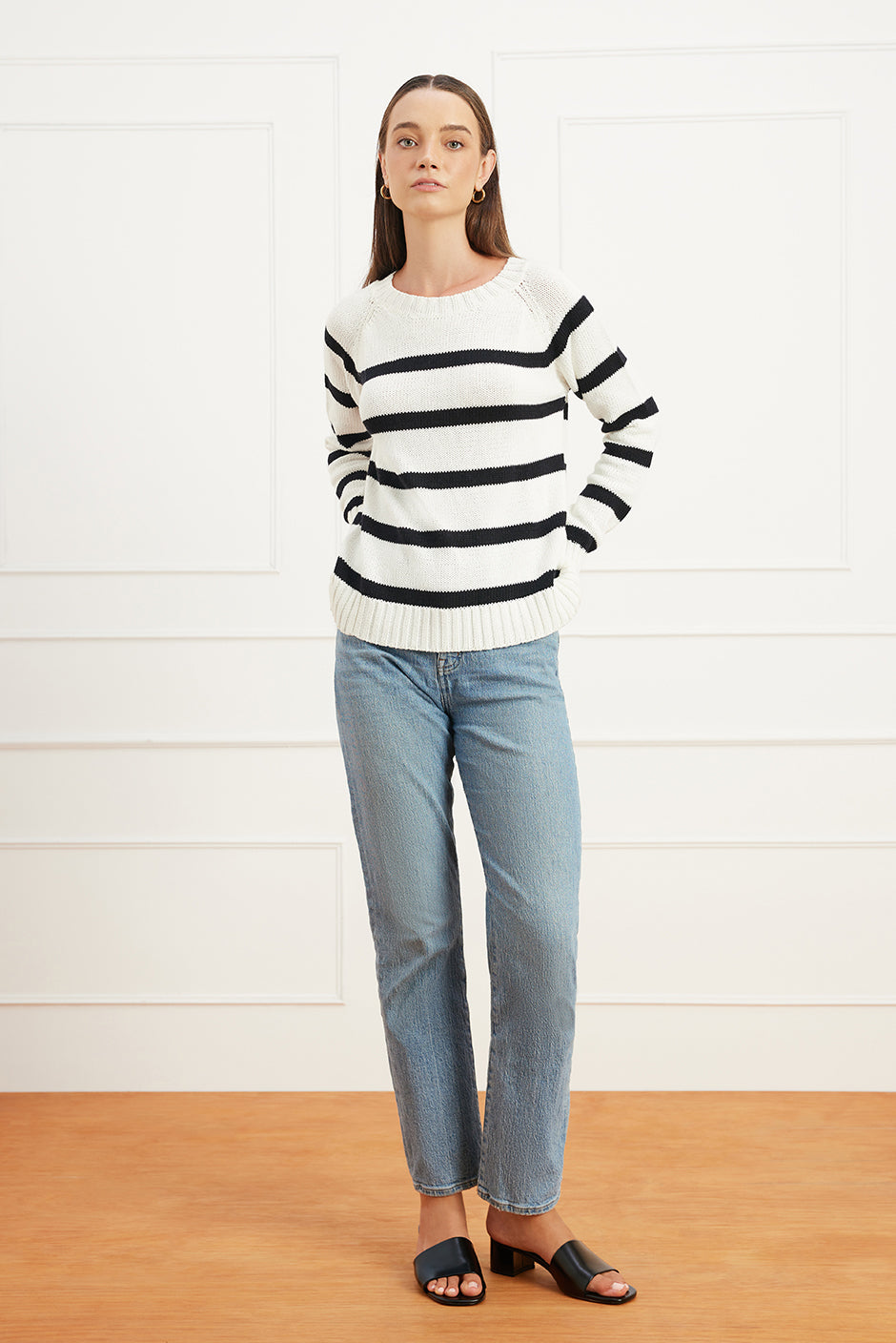 Stripe Sloane Crewneck in Off White