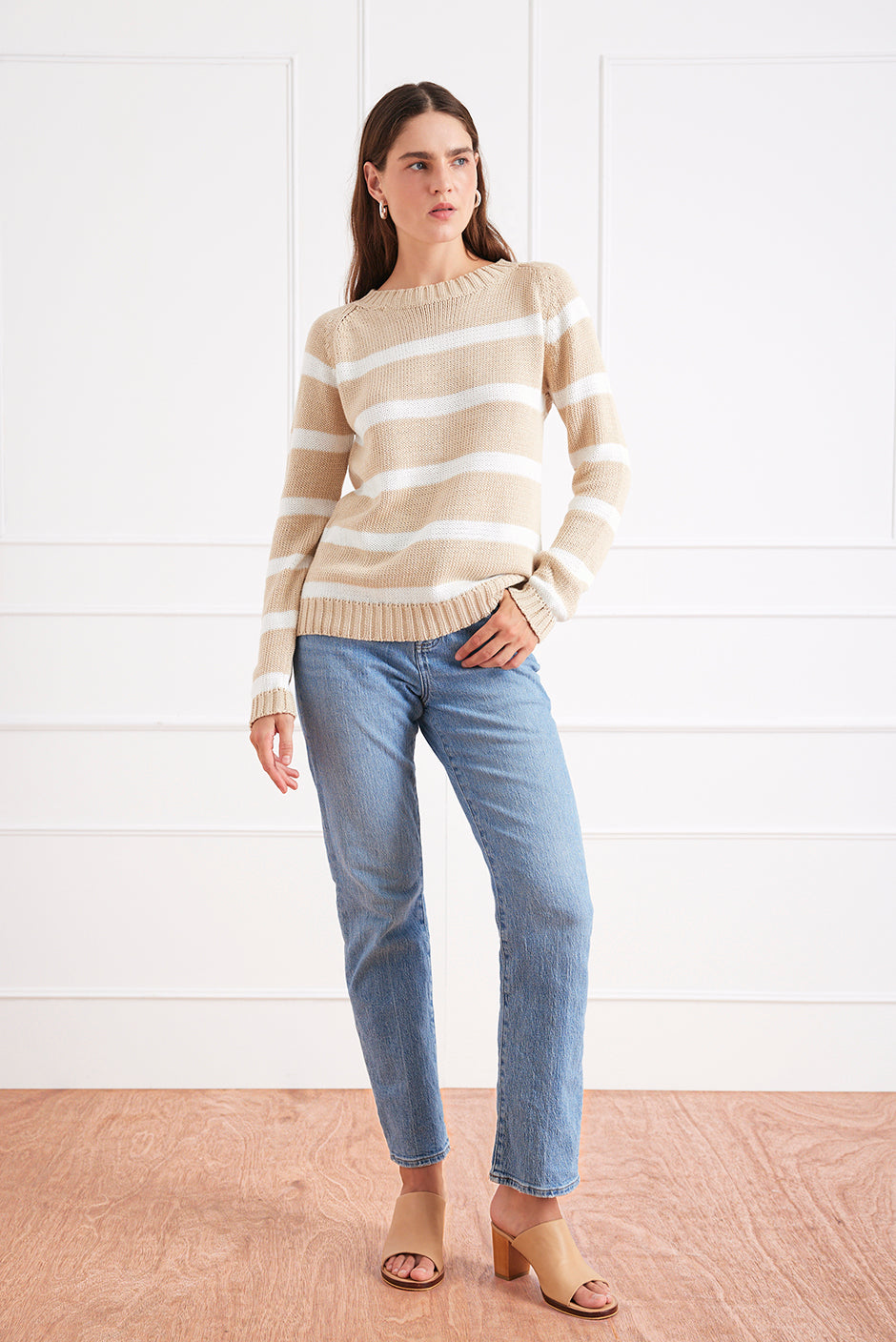 Stripe Sloane Crewneck in Sand Dune