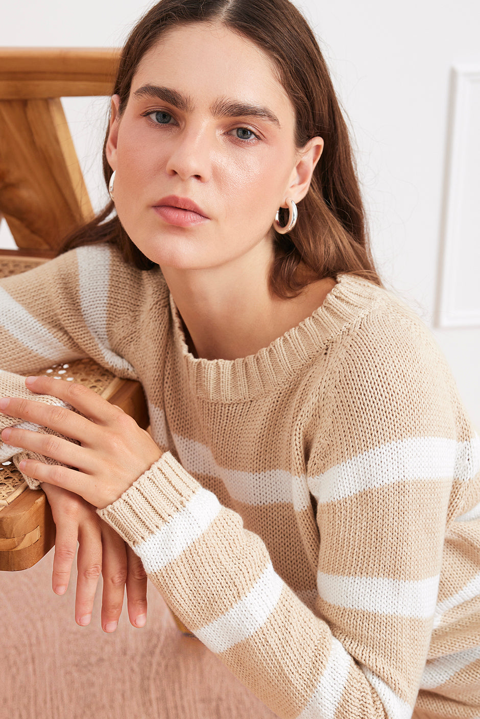 Stripe Sloane Crewneck in Sand Dune