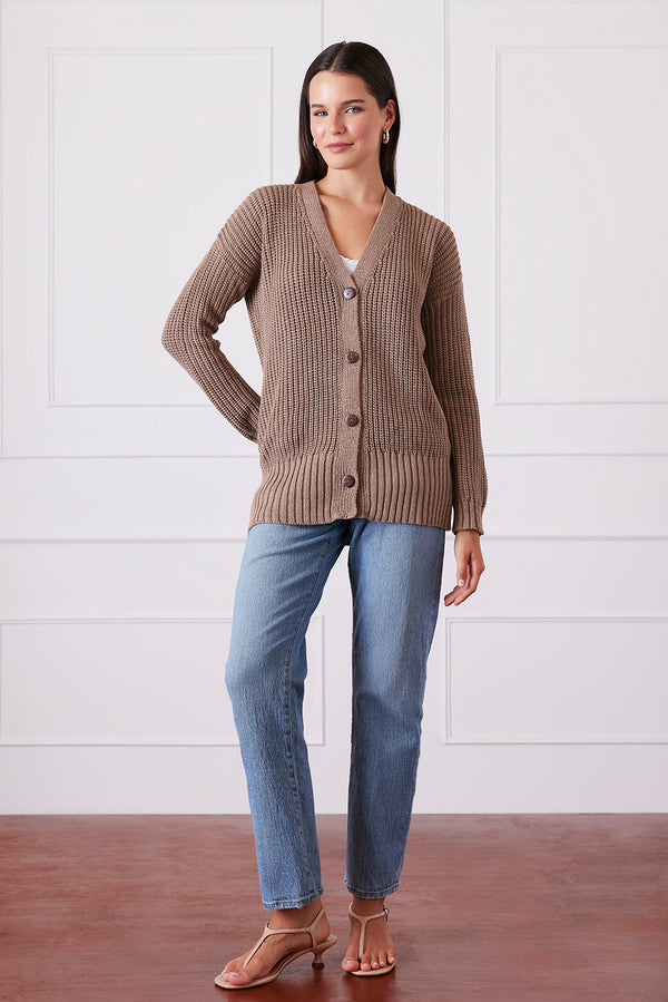 Luxury Handknit Cotton Women's Cardigan in Mocha| the Emily
