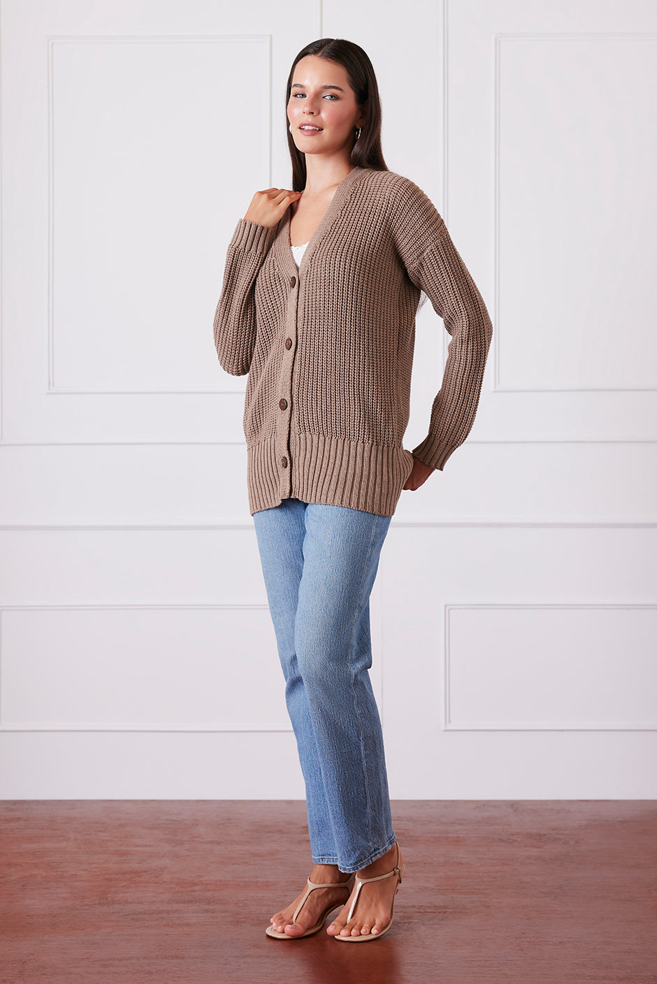 Luxury Handknit Cotton Women's Cardigan in Mocha| the Emily