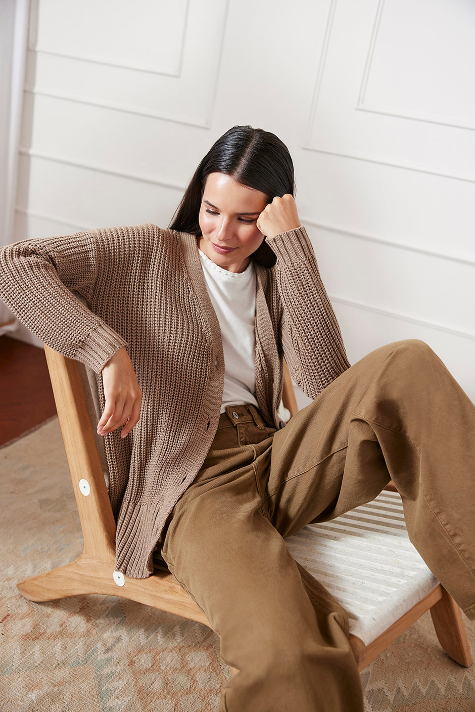 Luxury Handknit Cotton Women's Cardigan in Mocha| the Emily