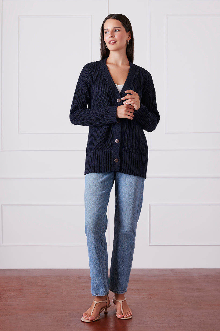 Luxury Handknit Cotton Women's Cardigan in Navy | the Emily