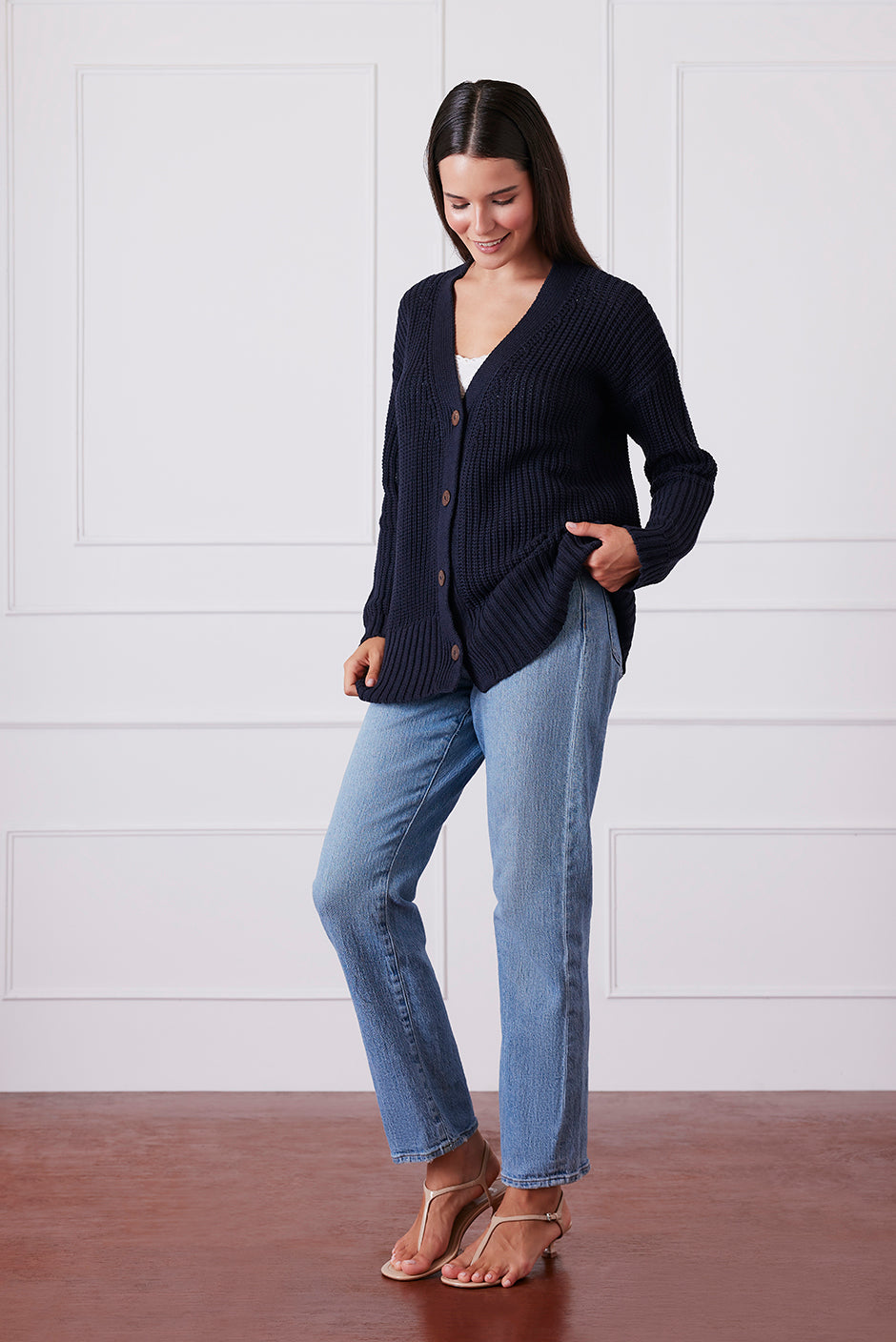 Luxury Handknit Cotton Women's Cardigan in Navy | the Emily