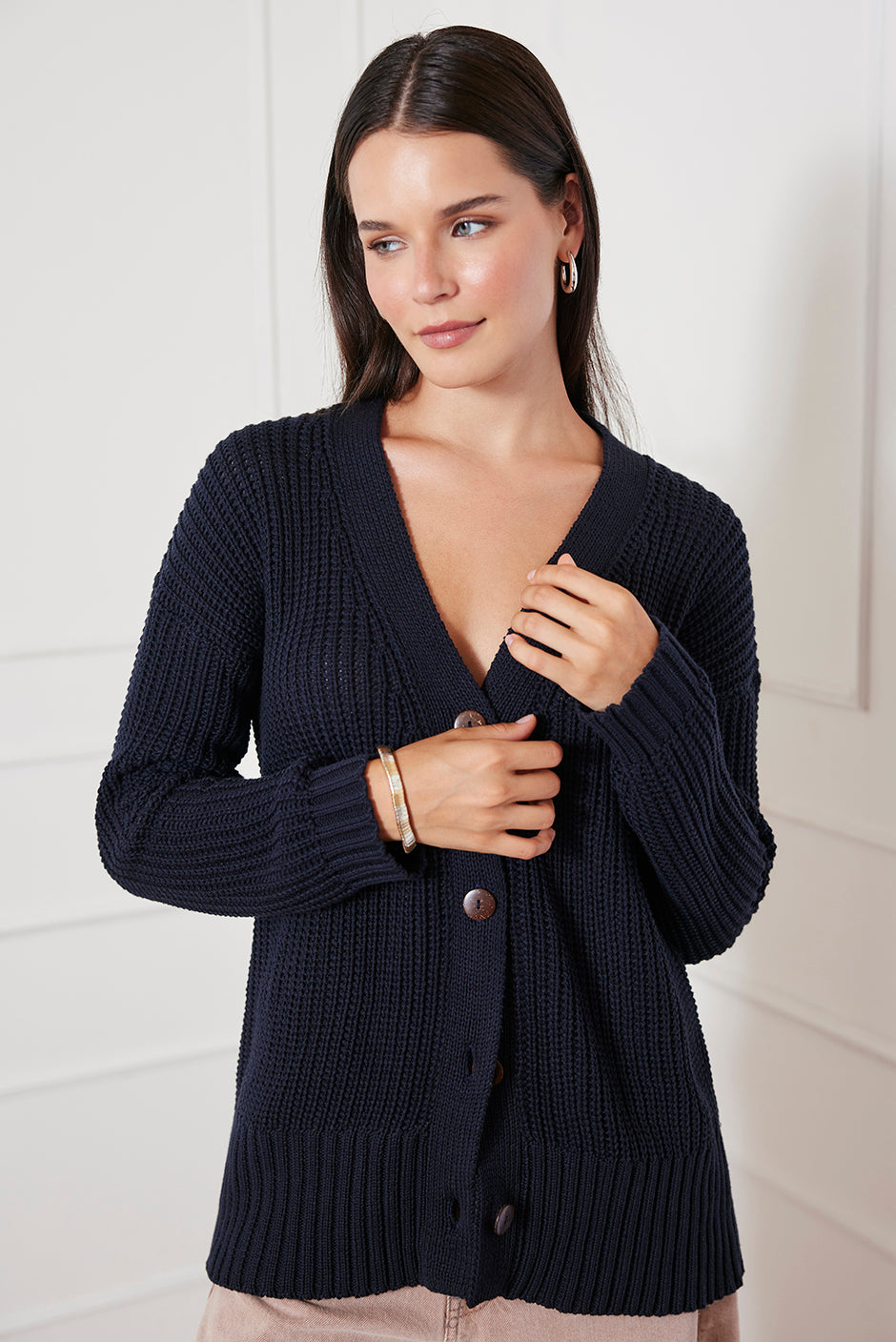 Luxury Handknit Cotton Women's Cardigan in Navy | the Emily