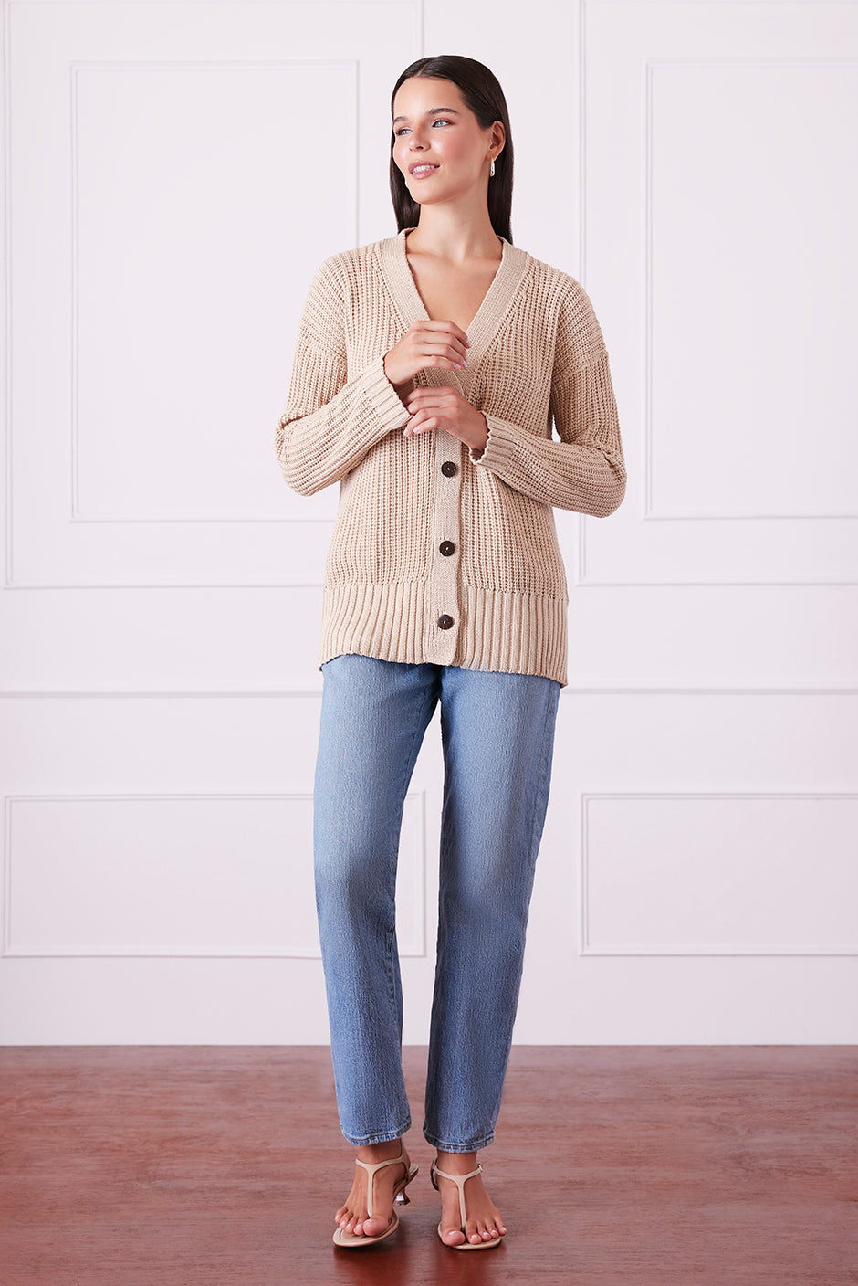 Luxury Handknit Cotton Women's Cardigan in Sand | the Emily
